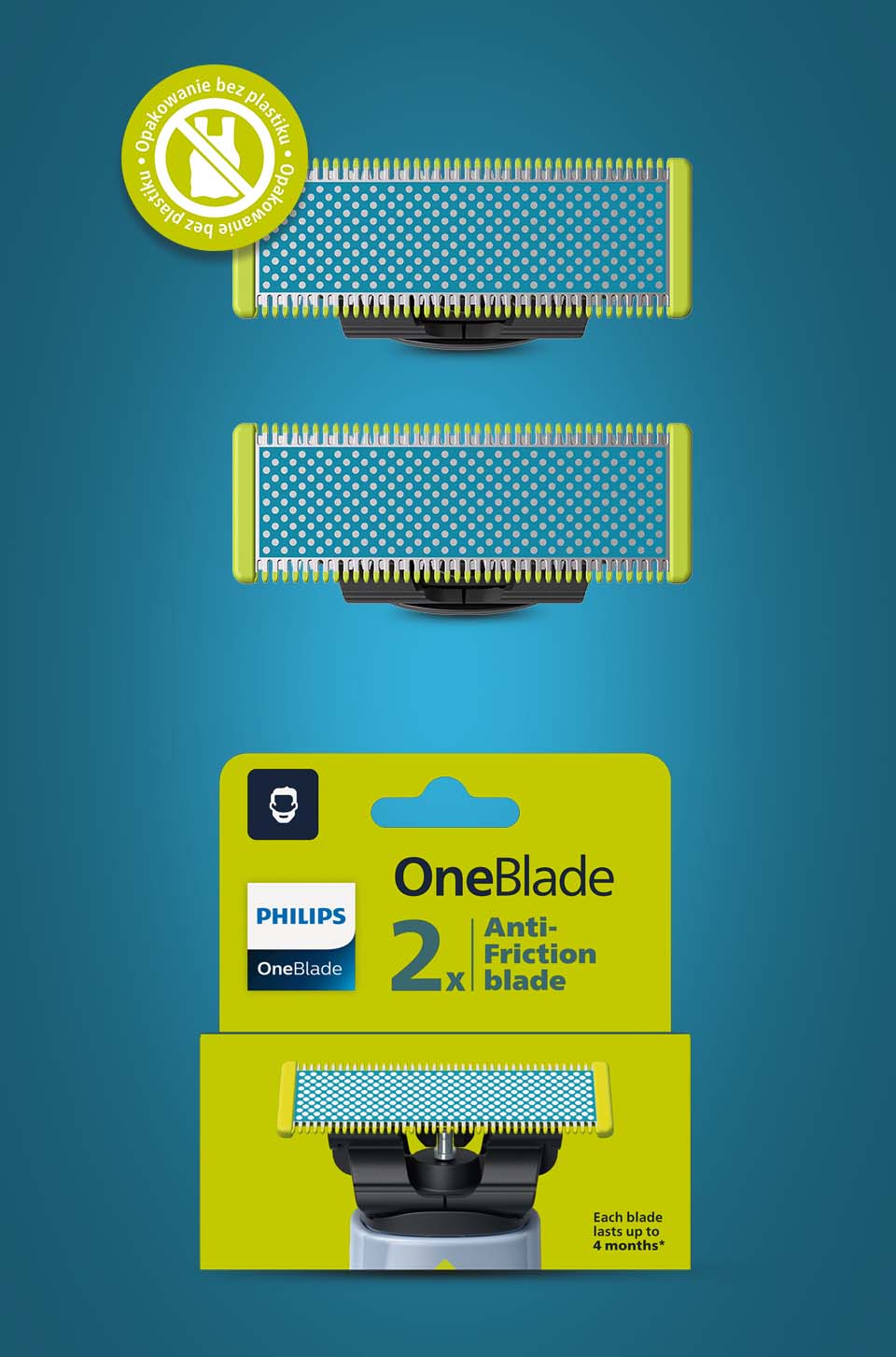 Pozbawione plastiku opakowanie zawiera dwa ostrza Philips OneBlade Anti-Friction QP225/50